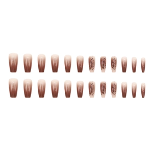 Brown gradient long coffin press-on nails with bamboo leaf pattern 24pcs set