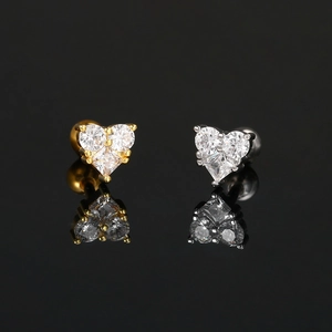 Pair of heart-shaped titanium steel ear studs with sparkling cubic zirconia in gold and silver