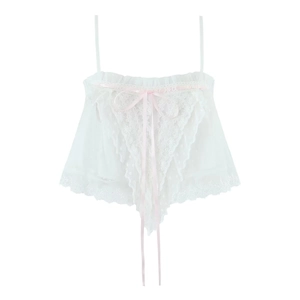 Weißes Spitze Camisole Mesh Top Punktiert Rosa Schleife Süßer Stil Verstellbare Träger Damen Mode Lässig