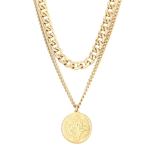 Double layered gold necklace with chunky Cuban chain and religious portrait coin pendant