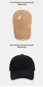Detail showing distressed holes and stitching on khaki and black cotton baseball caps