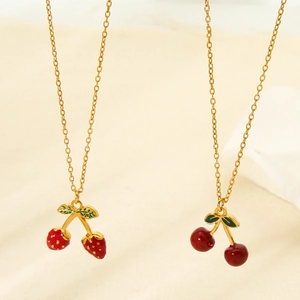 Fruit Pendant Necklace Stainless Steel 18K Gold Plated Cherry Strawberry Enamel Fresh Sweet Jewelry For Women
