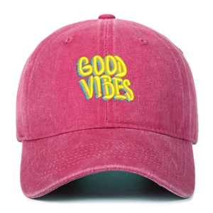 Detail of Good Vibes 3D embroidery on washed cotton rose red baseball cap texture