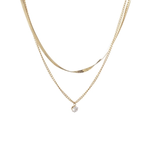 Double-layered gold snake chain necklace with a sparkling cubic zirconia pendant