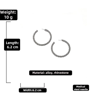 Detail view of 6.2cm geometric silver hoop earrings with rhinestones and medical steel needle