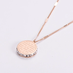 Rose gold titanium steel necklace with a round Xi character pendant and inlaid crystals