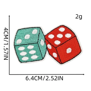Detailed view of colorful dice embroidery patches with specific dimension measurements