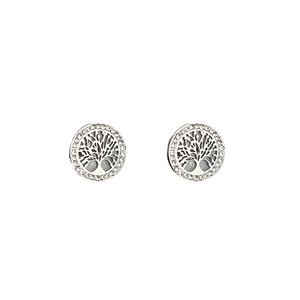 Silver Tree of Life stud earrings with sparkling crystals and polished stainless steel finish