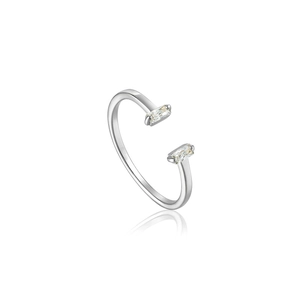 Close-up of S925 sterling silver open ring with dual rectangular cubic zirconia stones