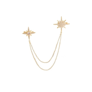 Elegant gold star chain brooch with sparkling crystals and double hanging chains