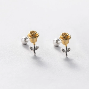 Elegant two-tone rose stud earrings with gold petals and silver stems for women