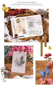 Detailed view of vintage botanical stickers with butterflies on a textured paper scrap