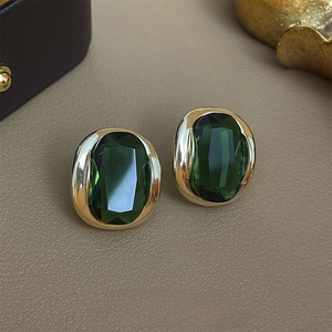 Vintage emerald oval zircon stud earrings with premium gold plating for women