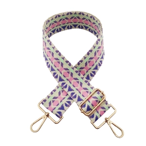 Bohemian style woven wide replacement shoulder strap with pink and green geometric patterns