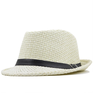 Classic straw fedora hat in cream with black leather band for summer sun protection