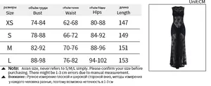 Detailed size chart for lace maxi dress showing bust, waist, and hip measurements in cm