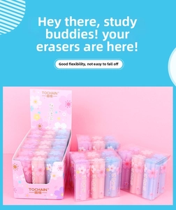 Detail of pink and blue gradient cherry blossom erasers in a bulk display box for school