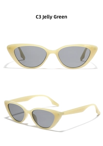 Detail view of jelly green cat eye sunglasses with translucent frames and grey lenses