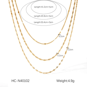 Detailed view of 18K gold triple layer necklace chains with length and weight specs