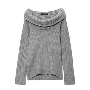 Gray off-shoulder knitted sweater featuring wide fold-over collar and ribbed texture