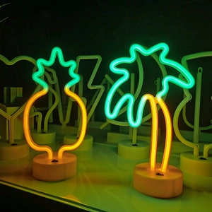 LED Neon Light Sign Coconut Tree Pineapple Shape Dual Color Atmosphere Desktop Lamp Battery USB Powered Night Light Decor