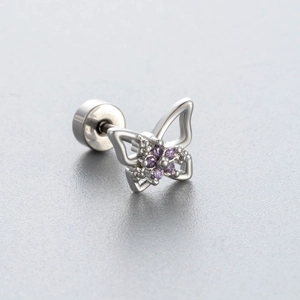 Surgical steel butterfly ear stud with purple zircon gems and flat screw back design