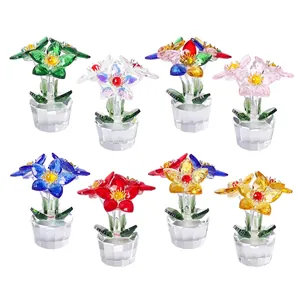 Set of eight colorful crystal flower figurines for home tabletop and garden decor