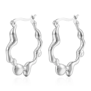Irregular organic wave silver stainless steel hoop earrings with polished finish