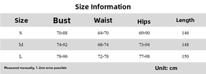 Detailed size chart for V-neck halter maxi dress with bust, waist and length measurements