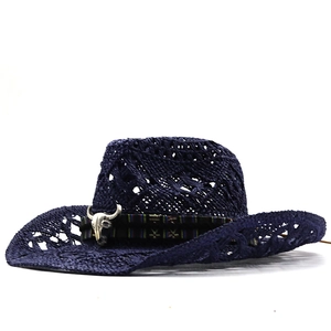 Dark blue woven straw jazz hat with ethnic band and bull head ornament for summer