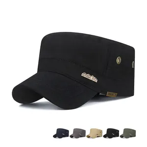 Men Cotton Flat Top Cadet Cap Adjustable Outdoor Military Style Breathable Sun Protection Hat With Metal Badge