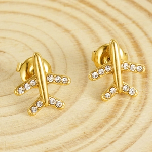Boucles d'oreilles avion en acier inoxydable doré 18K avec zircons scintillants
