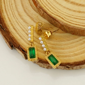 Square green zircon gold drop earrings with white pearls and vintage beaded metal trim