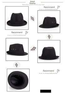 Detail view of black striped fedora hat showing metal eyelets and full inner lining