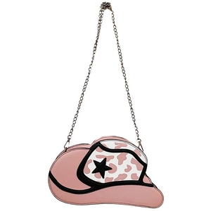Pink denim hat shaped crossbody bag with star pattern and silver chain strap