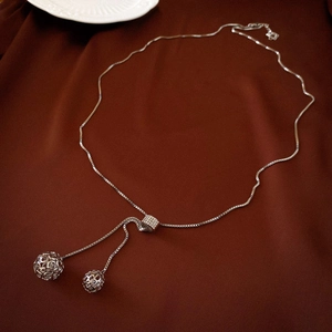 Elegant silver stainless steel long necklace with hollow ball pendants and diamond slider