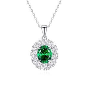 S925 silver necklace with oval emerald green gemstone pendant surrounded by white zircons