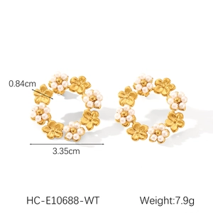 Détails des boucles d'oreilles couronne dorée avec perles blanches et dimensions