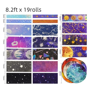 Detailed view of 19 rolls galaxy washi tape set with gold foil stars and moon designs