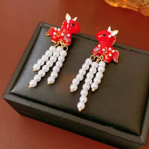 Vintage Red Enamel Horse Tassel Earrings With Faux Artificial Pearl And Silver Earring Post For Women Ethnic Style Jewelry