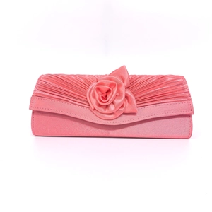 Elegant pink satin evening clutch bag with handmade 3D rose and pleated details