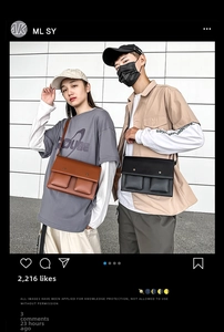 Outdoor scene showing brown and black PU leather messenger bags with double-buckle design