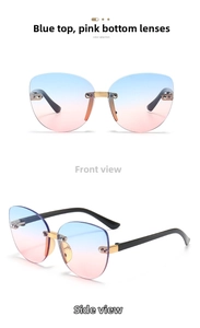 Frameless kids sunglasses showing front and side views with blue-pink gradient lenses