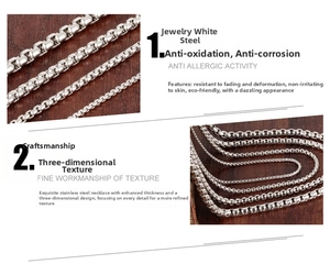 Polished stainless steel box chain necklaces in various thicknesses on wood background