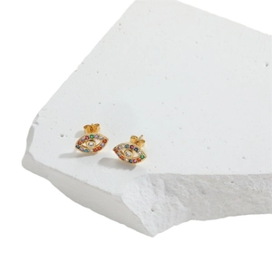 Chic gold-plated arrow stud earrings featuring vibrant colorful cubic zirconia accents
