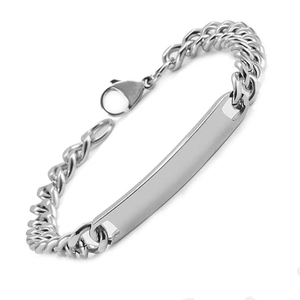 Detailed close-up of a silver stainless steel Cuban chain bracelet with blank metal bar