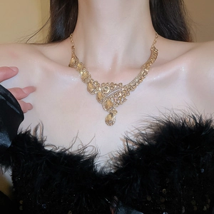 Close-up of sparkling rhinestone water drop pendant necklace set on a model