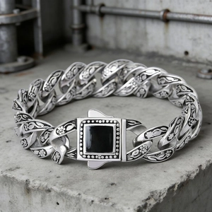 Men Vintage Cuban Chain Bracelet Titanium Steel Engraved Floral Pattern Black Stone Punk Gothic Hip Hop Jewelry