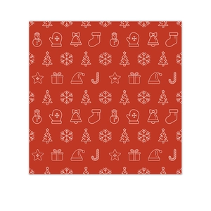 Red Christmas wrapping paper featuring white festive icons like snowmen and trees