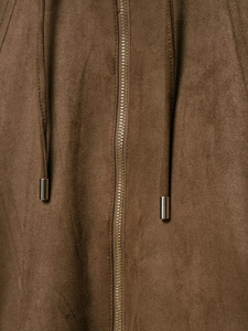Detail of dark brown suede jacket featuring a gold metal zipper and tipped drawstrings